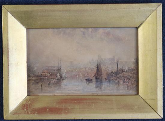 George Weatherill (1810-1890) Whitby Harbour with the abbey in the distance, 4.25 x 7in.